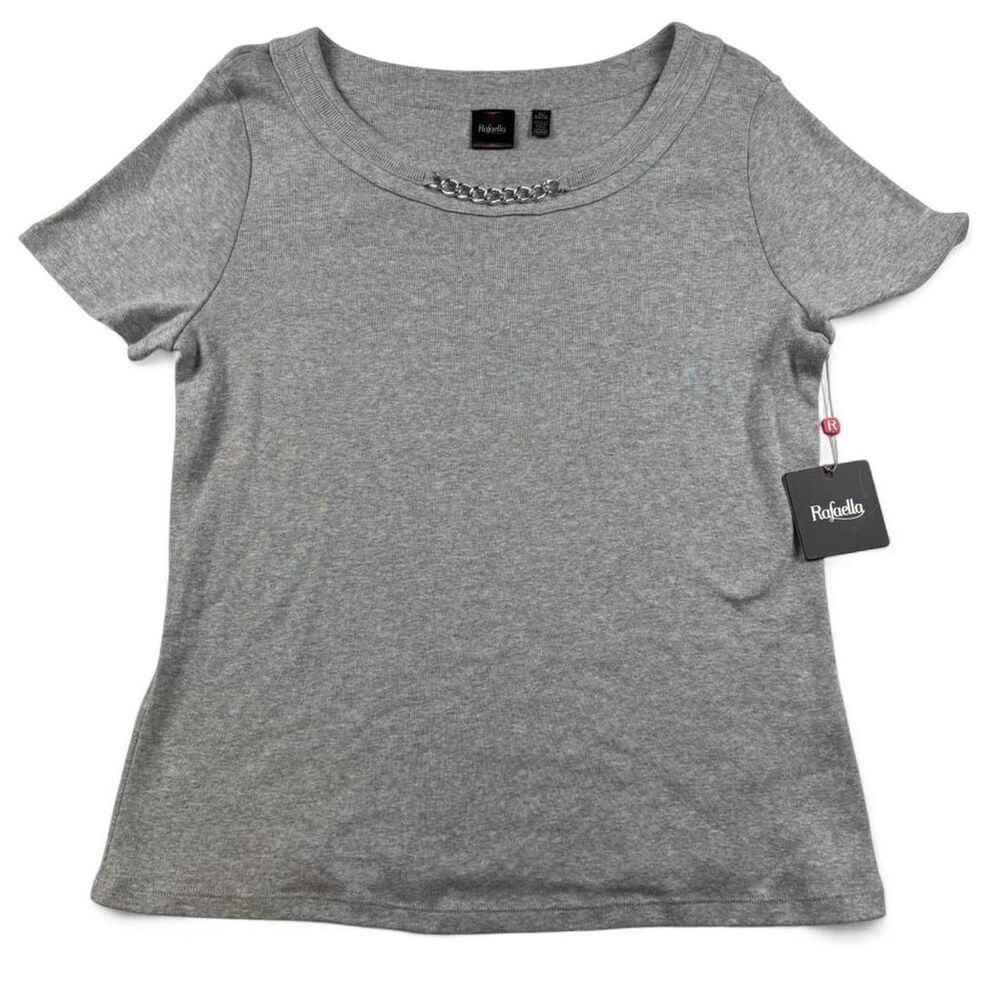 Rafaella Women’s Gray Short Sleeve Top Silver Chain Detail XL NWT